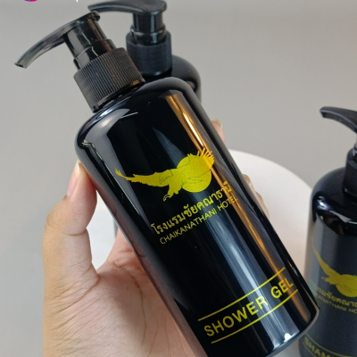 งานสกรีน : สกรีนขวดแชมพูโรงแรม  300ml ขวดสีดำ