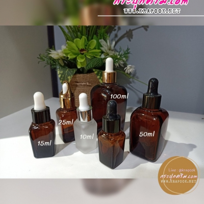 ขวดแก้วอโร่มา-หัวดรอปเปอร์ : ขวดแก้วอโรม่า หัวหยด ใส่เซรั่ม  สี่เหลี่ยมหัวดรอปเปอร์