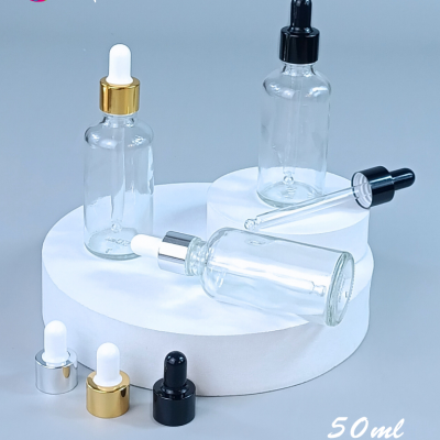 ขวดแก้วอโร่มา-หัวดรอปเปอร์ : ขวดแก้วดรอปเปอร์ใส 50ml ฝา3สี