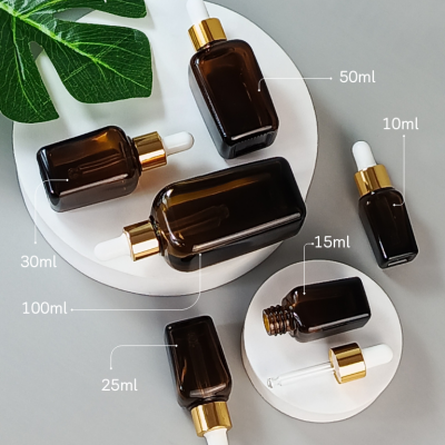 ขวดแก้วอโร่มา-หัวดรอปเปอร์ : รวมเซรั่ม อโรม่า ทรงเหลี่ยม รุ่น เอสเต้ สีชา  10ml 15ml 25ml 35ml 50ml 100ml