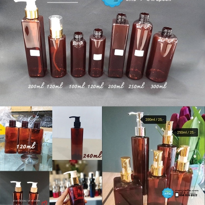 ขวดปั๊ม PET ใส + หัวปั๊ม : ขวดแชมพู ขวดสีชา