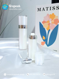 กระปุกครีม : ขวดเซรั่มทรงวี 50ml สีขาวมุก คาดเงิน